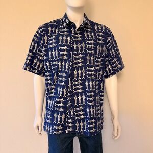 Back East Mens Navy Blue Marlin Swordfish Print Cotton Button Down Shirt Size L